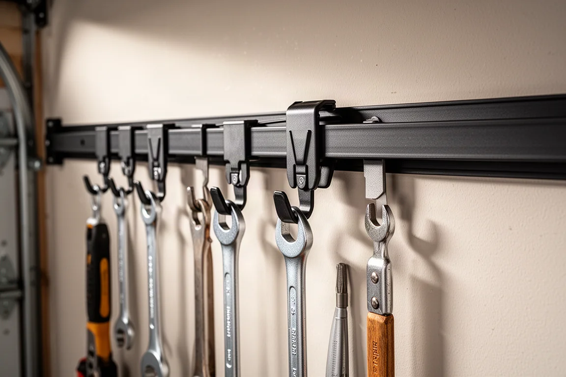 Wall-mounted VersaTrack rail with hanging tool clips