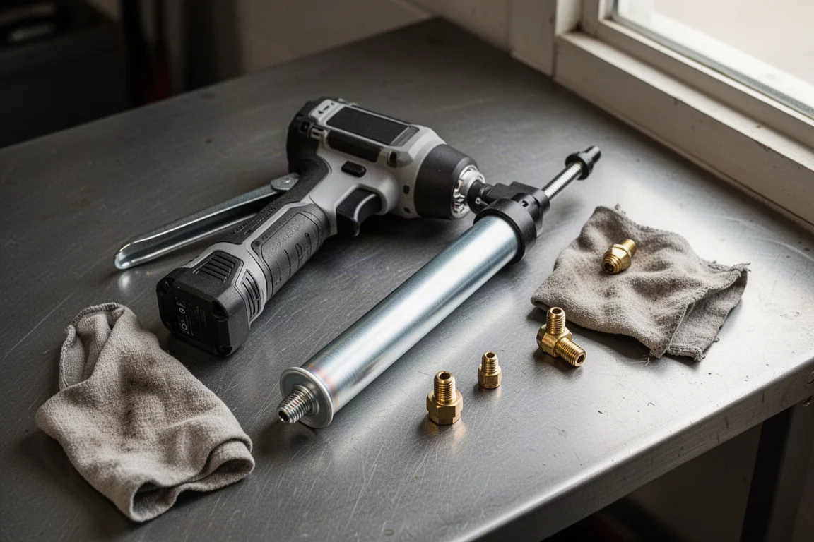 Pistolet à graisse sans fil posé sur un établi avec une cartouche de graisse et des raccords à proximité