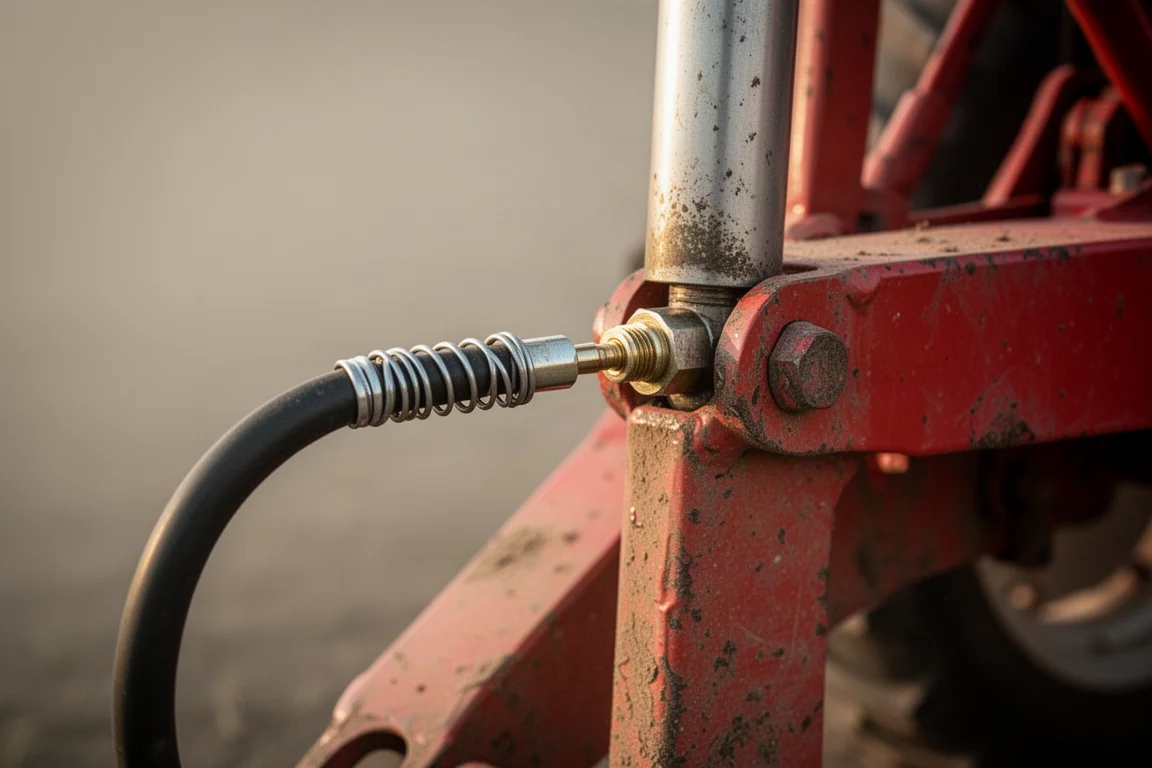 Gros plan sur le flexible d'un pistolet à graisse et son embout enfoncé sur un raccord graisseur d'un tracteur