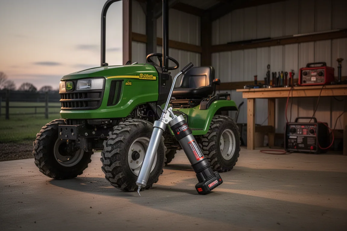 Pistolet à graisse sur batterie adossé à un tracteur compact dans un atelier rural au crépuscule