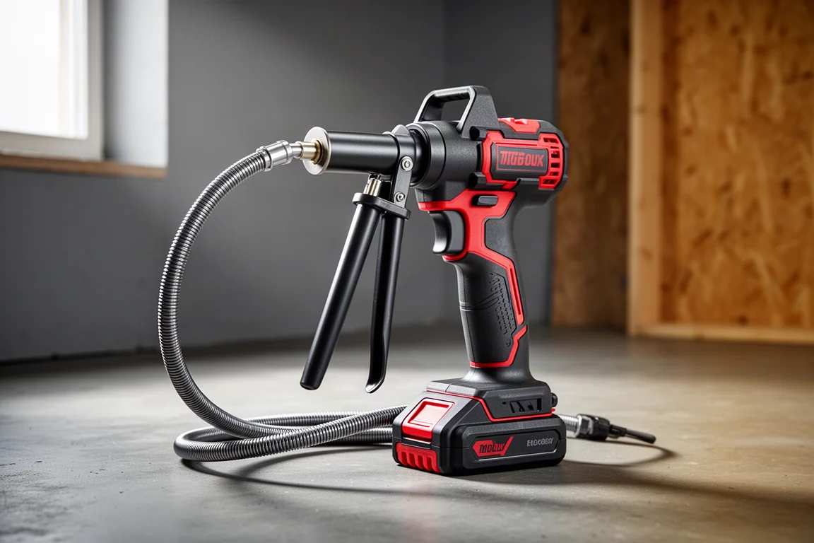 Cordless Craftsman 20V grease gun with hose and battery on a workshop floor