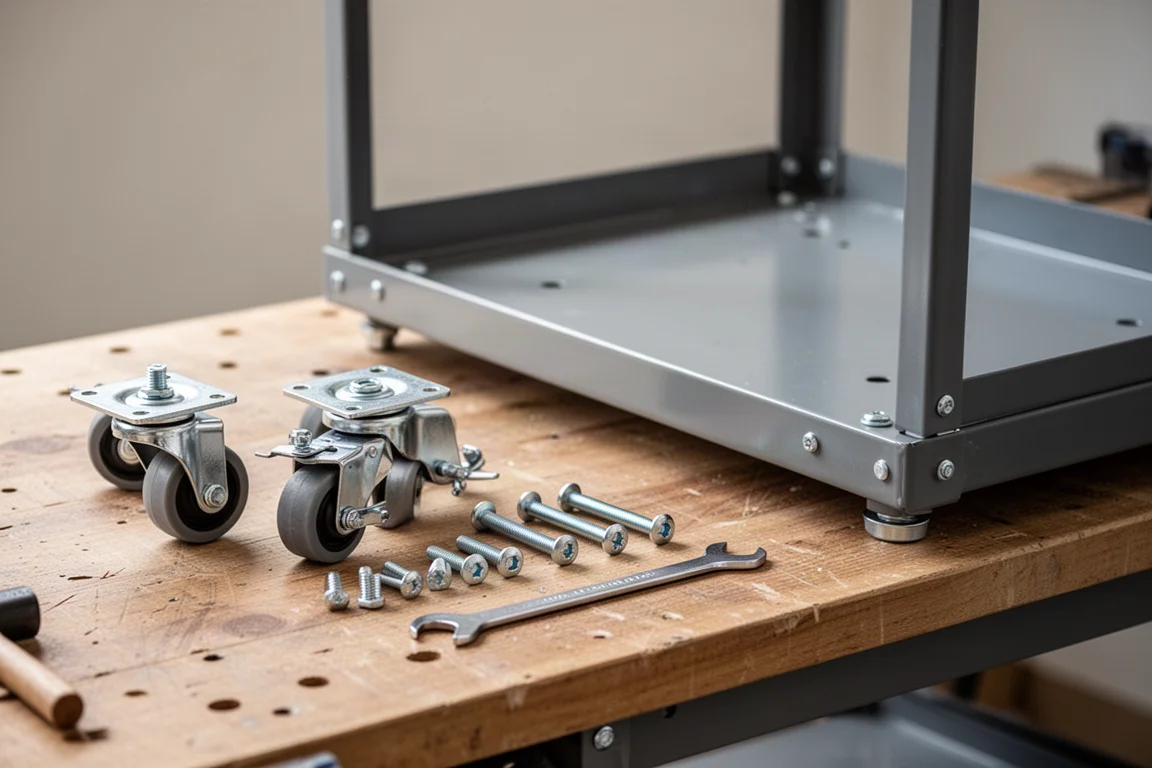Installation des roulettes d'un chariot d'outils avec une clé pendant le montage