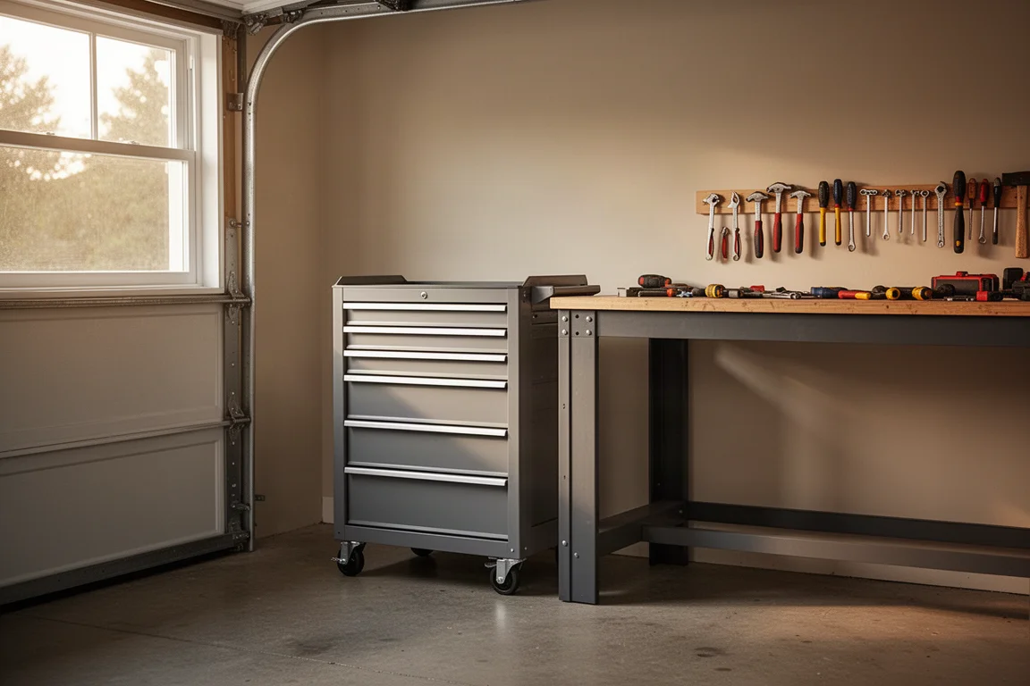 Atelier de garage domestique bien organisé avec un chariot d'outils roulant en usage quotidien