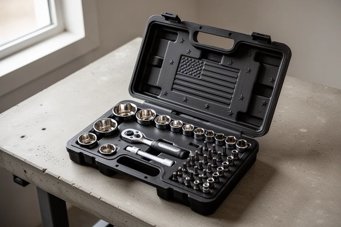Open Craftsman socket set case showing chrome sockets and bits in molded compartments