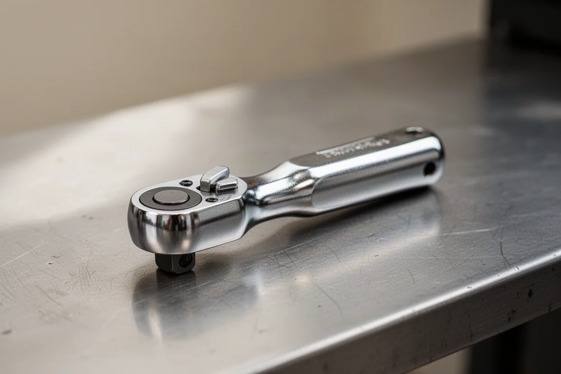 Compact chrome ratchet with locking mechanism on a grey workbench