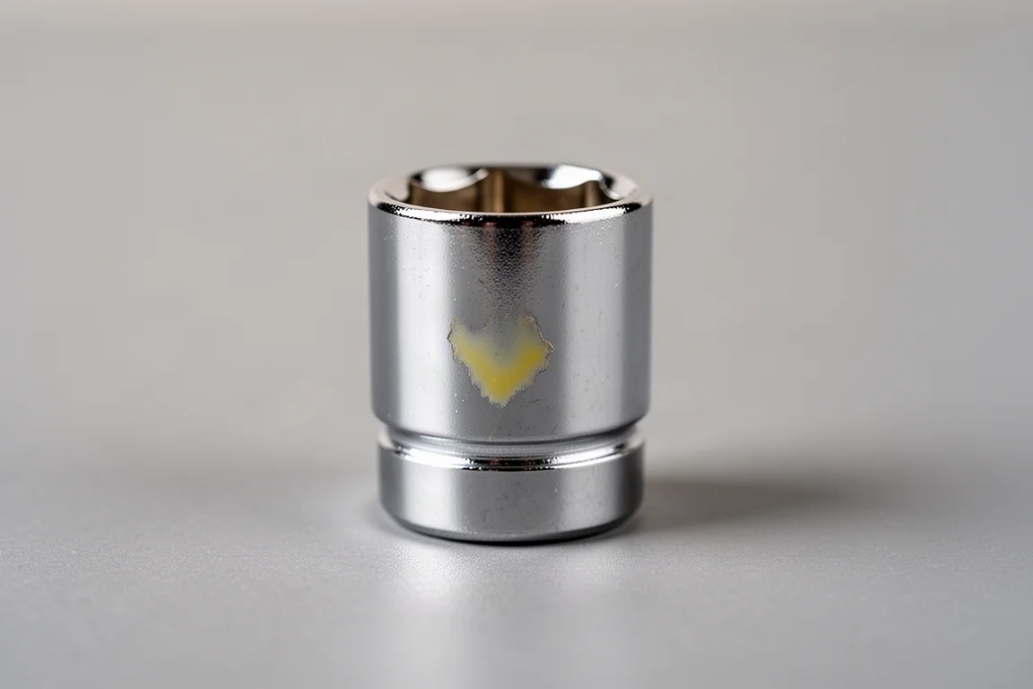 Close-up of a chrome socket surface with a faint yellowish factory residue