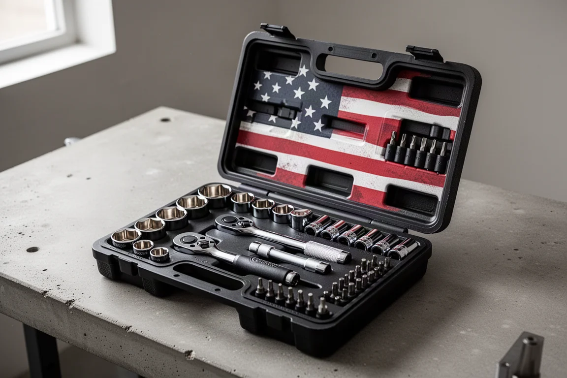 Open Craftsman 59-piece socket set case showing chrome sockets, bits, and ratchet