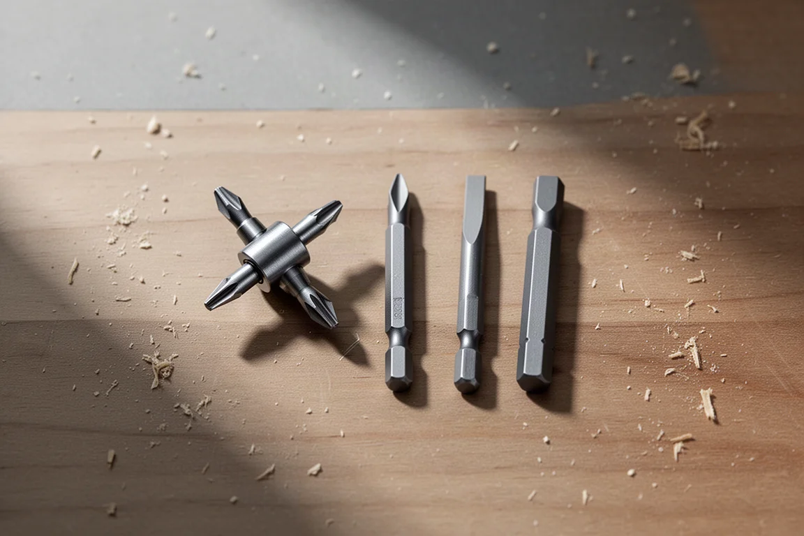 Bit spinner resting on a workbench with screwdriver bits laid out beside it