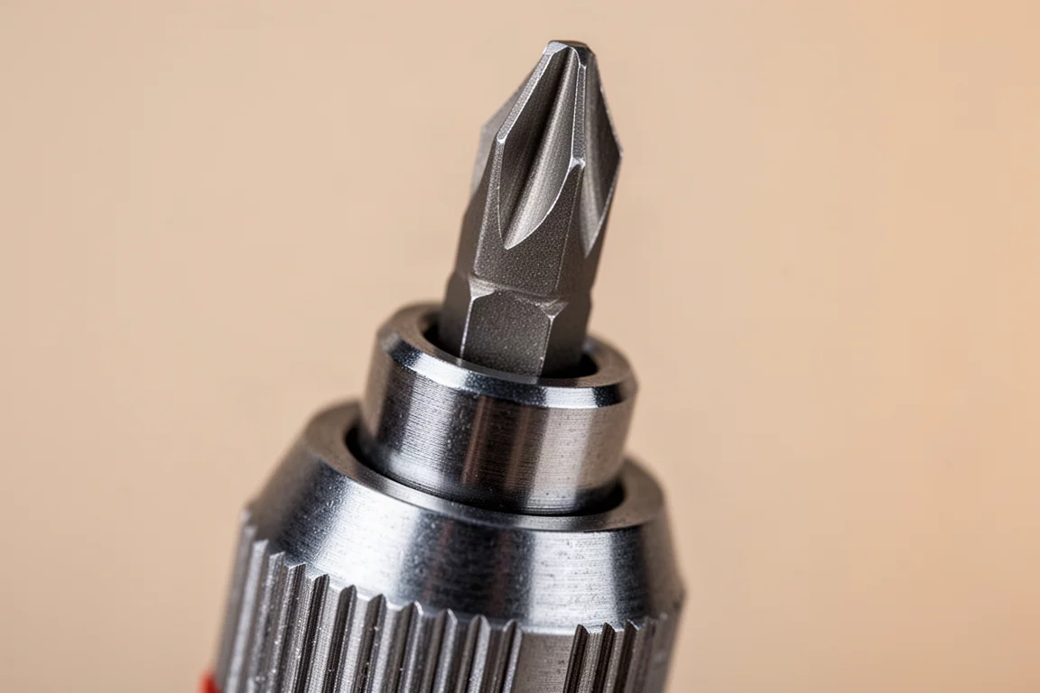Close-up of a Phillips bit held firmly in the magnetic chuck of a bit spinner