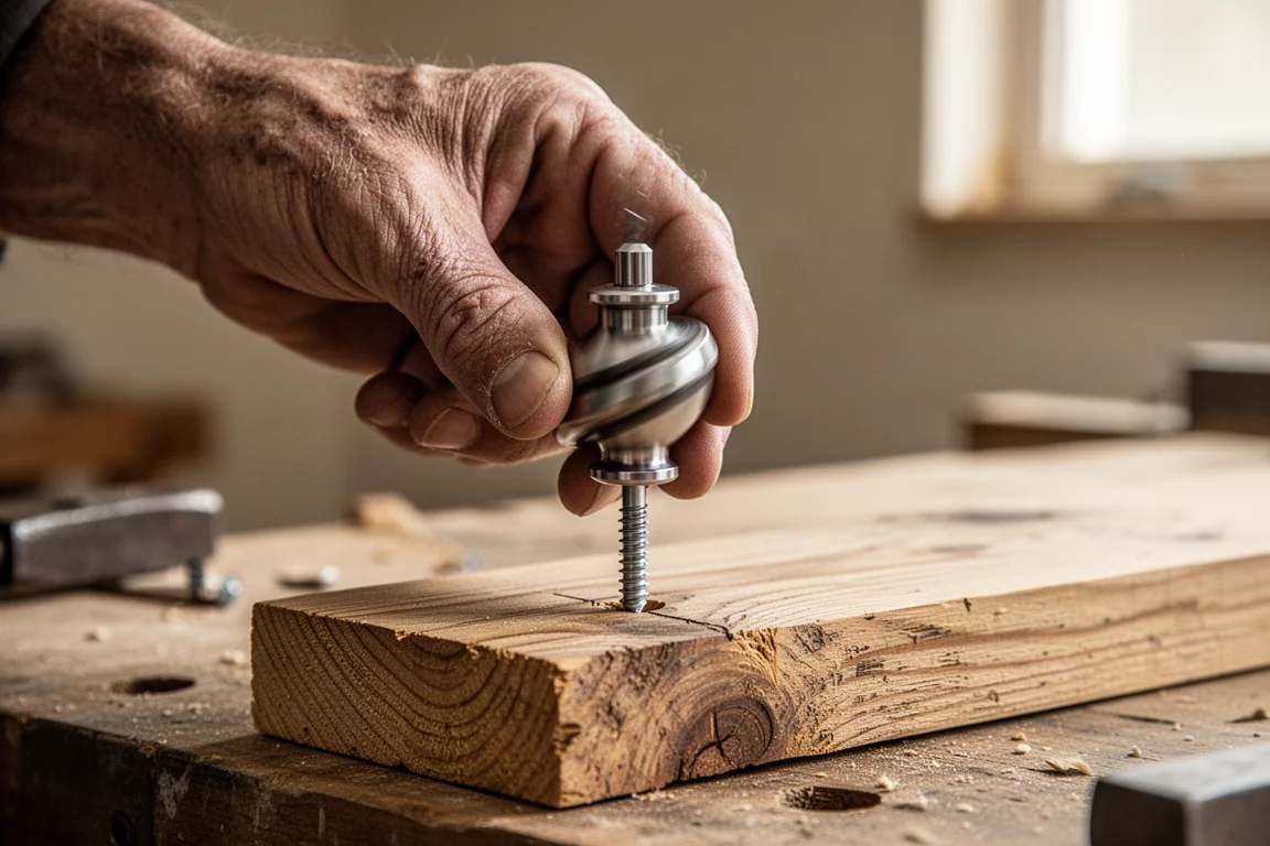 Hand spinning a bit spinner on a screw installed in a wooden board