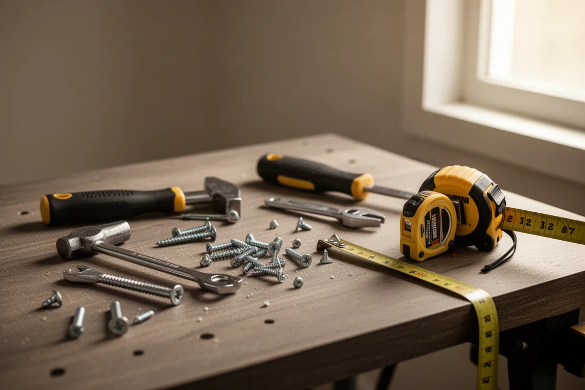Assorted small hand tools and fasteners arranged on a workbench