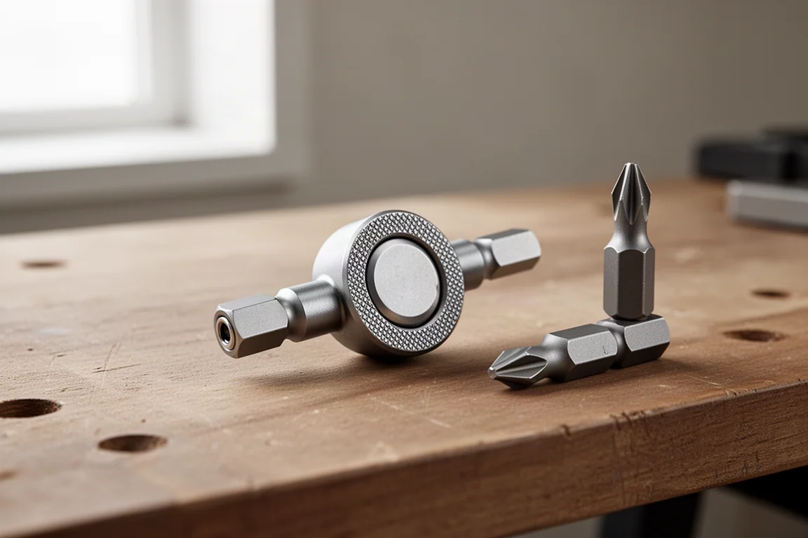 Compact steel bit spinner and Phillips bit on a wooden workbench