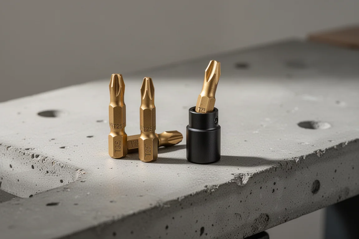 Two T25 driver bits and a small metal magnetic collar arranged on a workbench