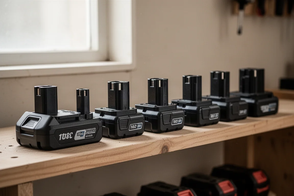 Reihe von Akkuwerkzeug-Batterien auf einem Werkstattregal