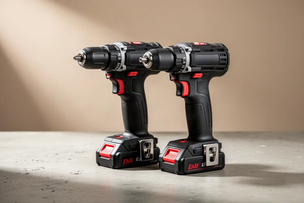 Two Craftsman brushless hammer drill drivers side by side on a concrete surface