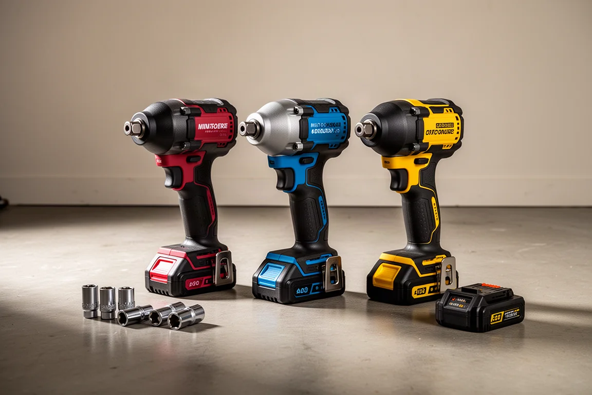 Three cordless mid-torque impact wrenches arranged side by side on a concrete surface