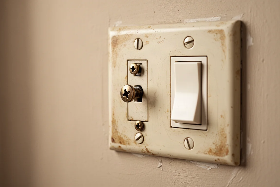 Parafusos fenda em uma placa de tomada antiga e espelho de interruptor de luz na parede