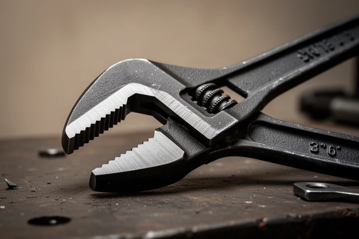 Adjustable wrench jaws opened wide on a workshop bench