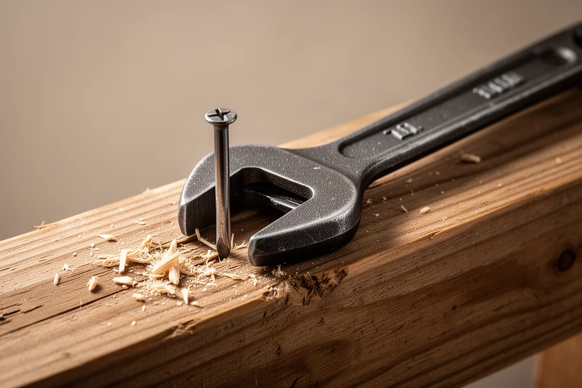 Nail puller slot gripping a nail head in dim workshop light
