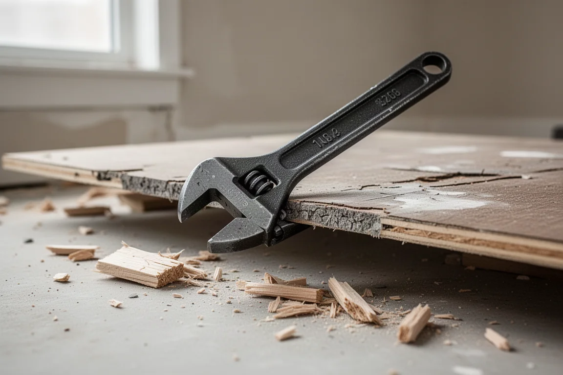Wrench used as a pry bar levering a board during demolition