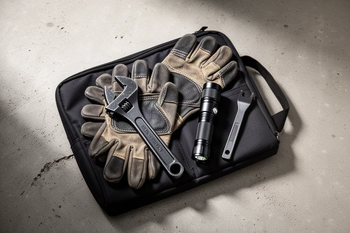 Tools and wrench laid out in a car emergency kit