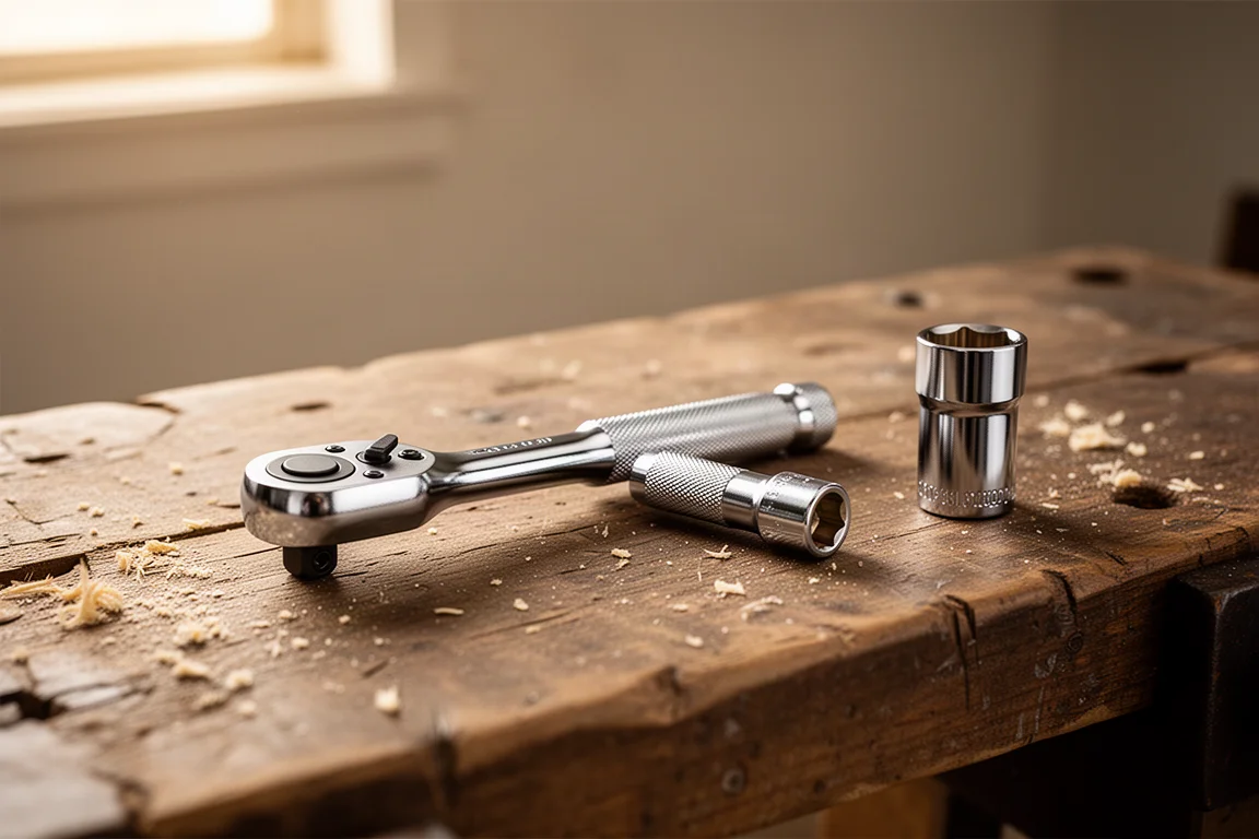 Compact 1/4-inch flex head ratchet resting on a workbench beside a socket