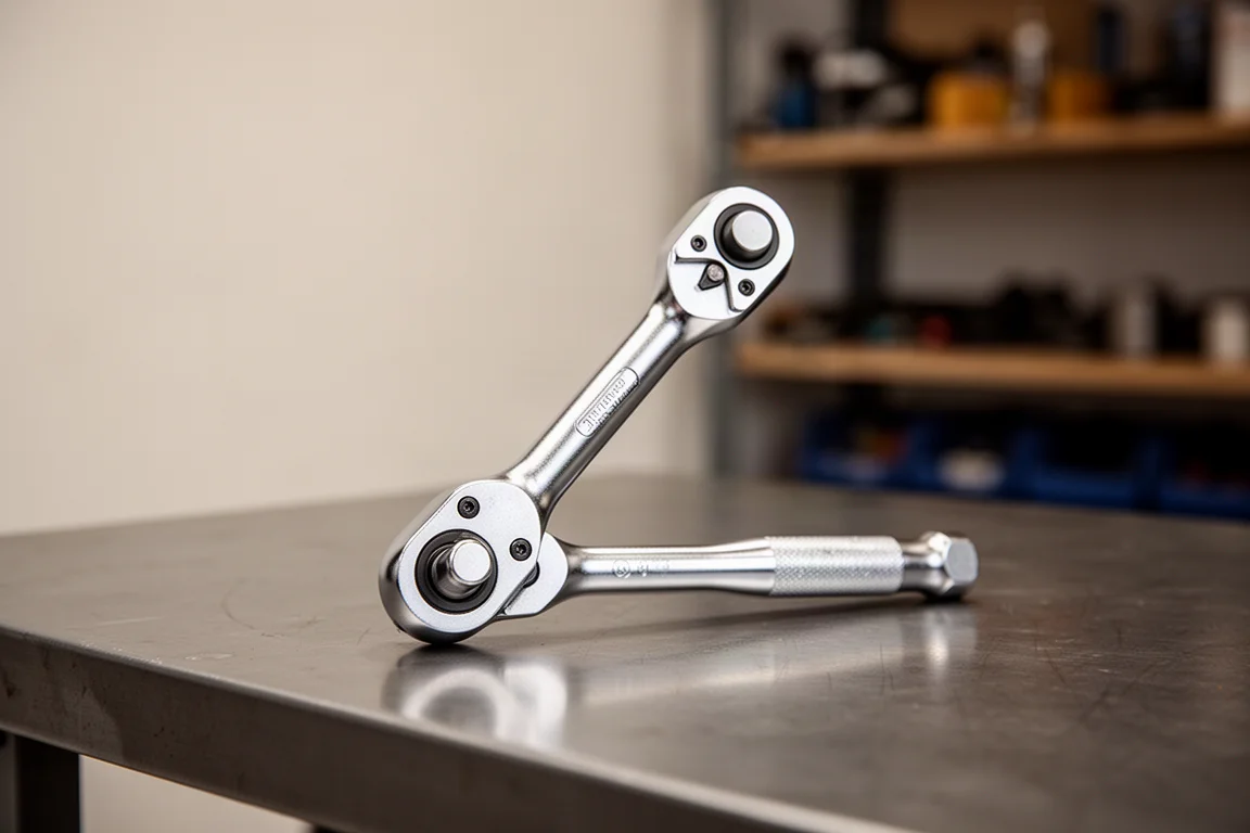 Ratchet head held at an angle showing the flex mechanism in use