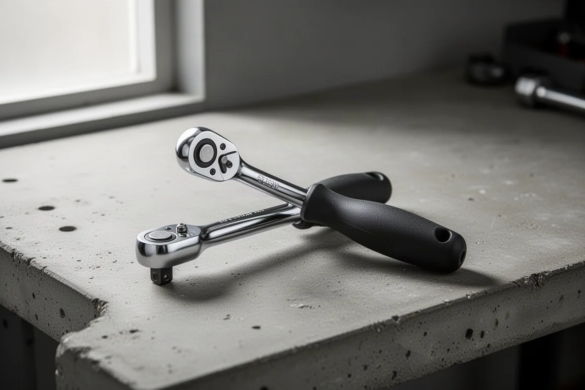 Compact 1/4-inch flex head ratchet on a matte concrete workbench