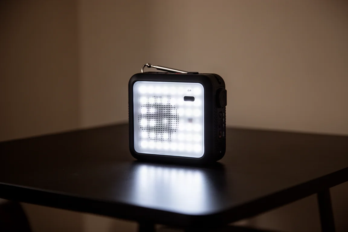 Przedni panel diod LED radia świecący na ciemnym blacie podczas braku prądu