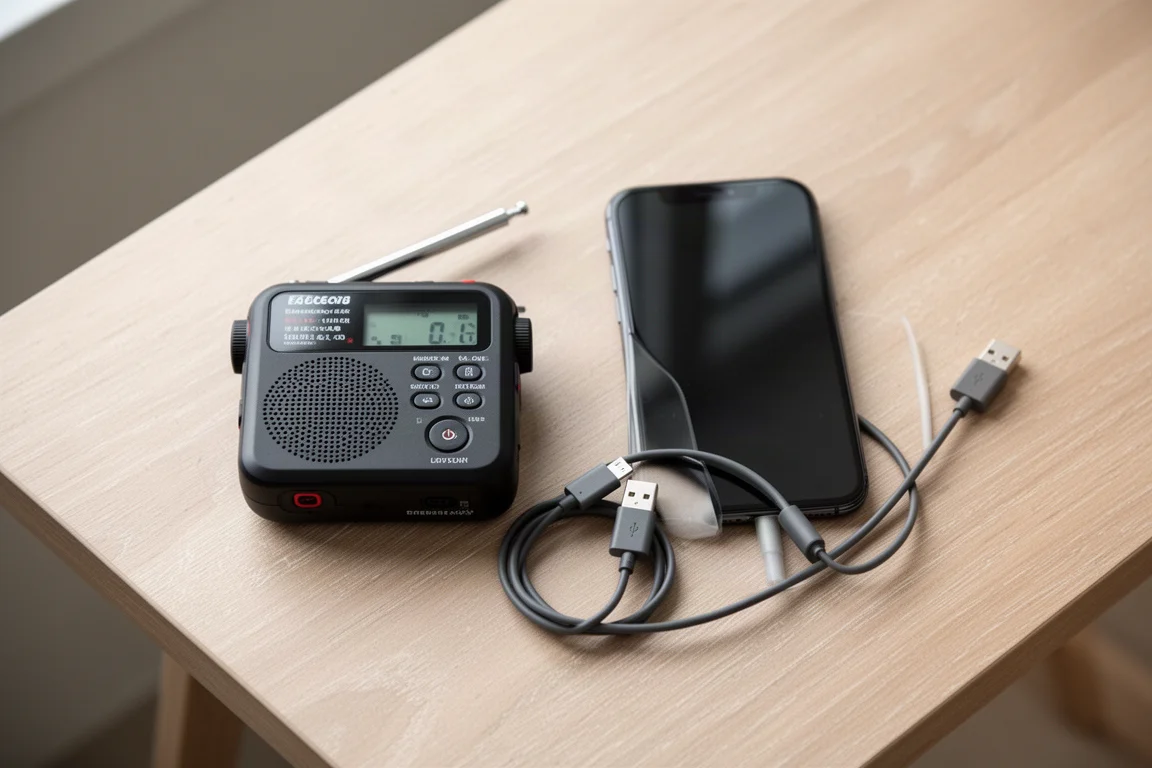 Radio awaryjne, telefon i kabel ładujący ułożone na drewnianym stole