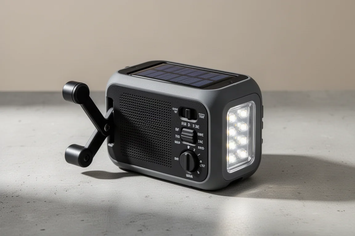 Compact Craftsman emergency radio with solar panel and hand crank on concrete surface