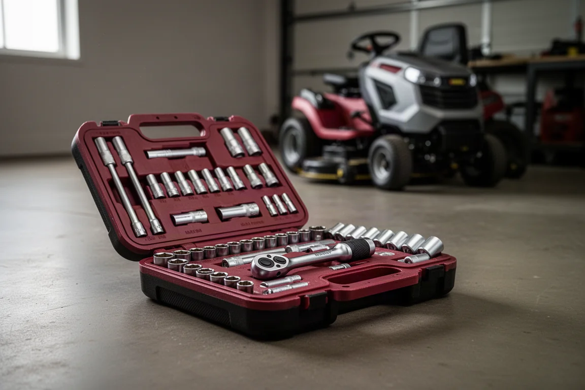 Öppen Craftsman-hylsnyckelset-väska med ratthyll på ett verkstnadsgolv bredvid en batteridriven åkgräsklippare