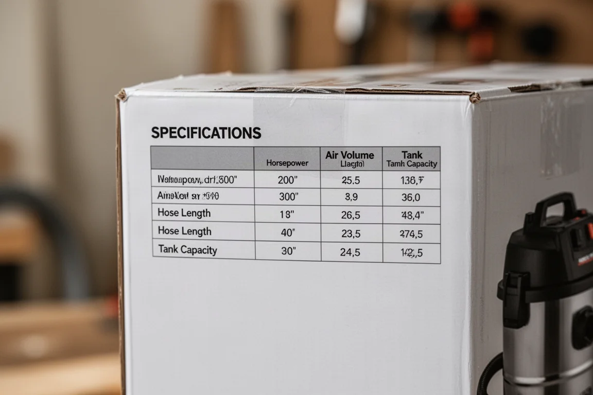 Rückseite einer Verpackung eines Nass-/Trockensaugers mit dem technischen Datenblatt