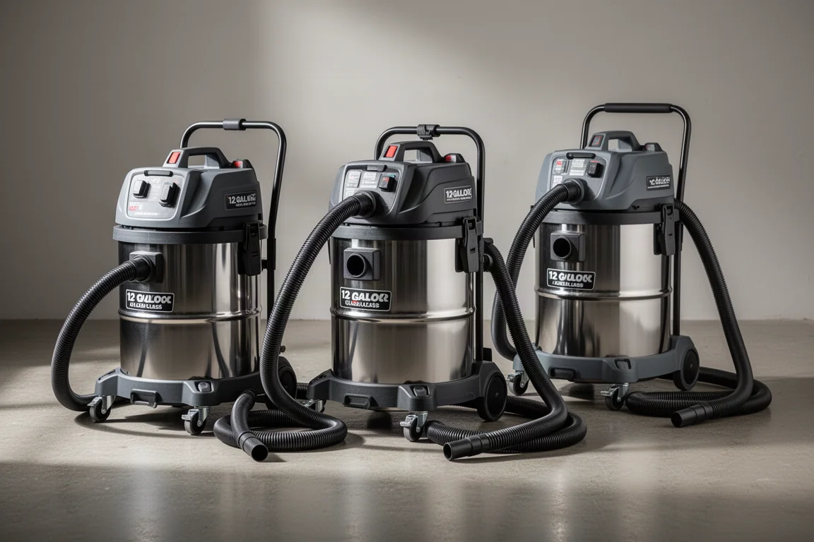 Three wet/dry shop vacuums lined up on a concrete workshop floor