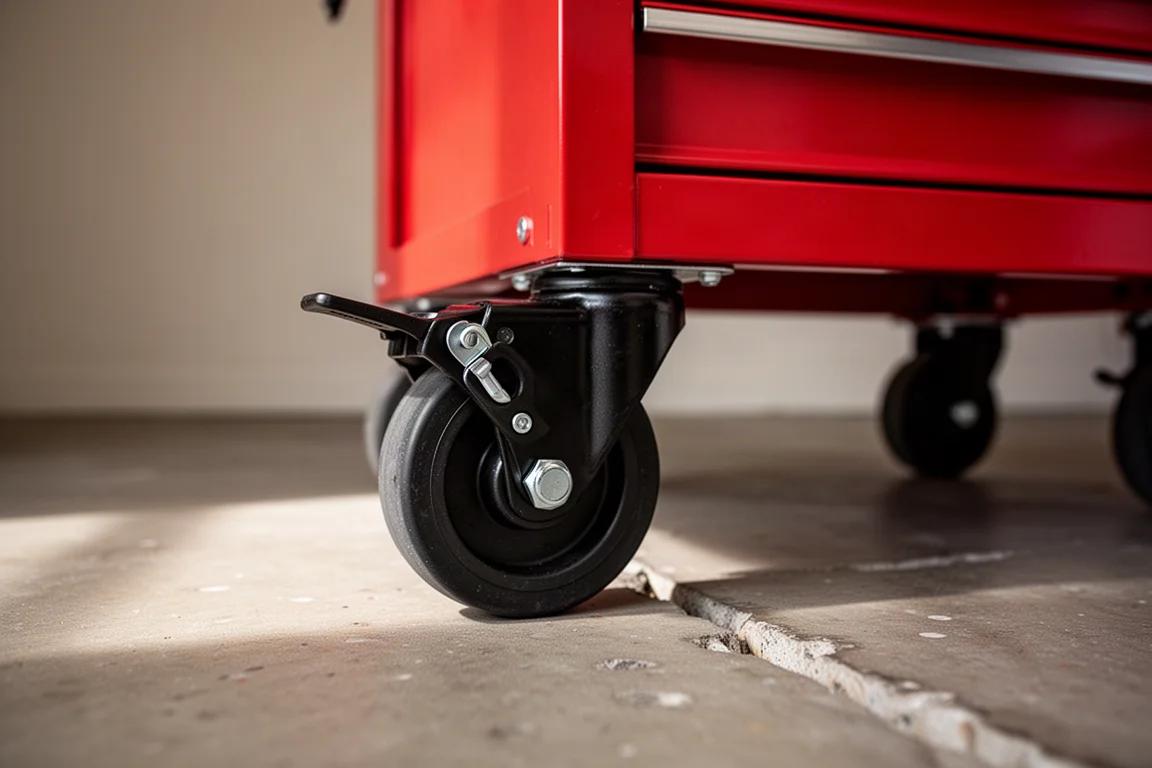 Ruota girevole con freno bloccata su una cassettiera portaattrezzi su pavimento di garage irregolare