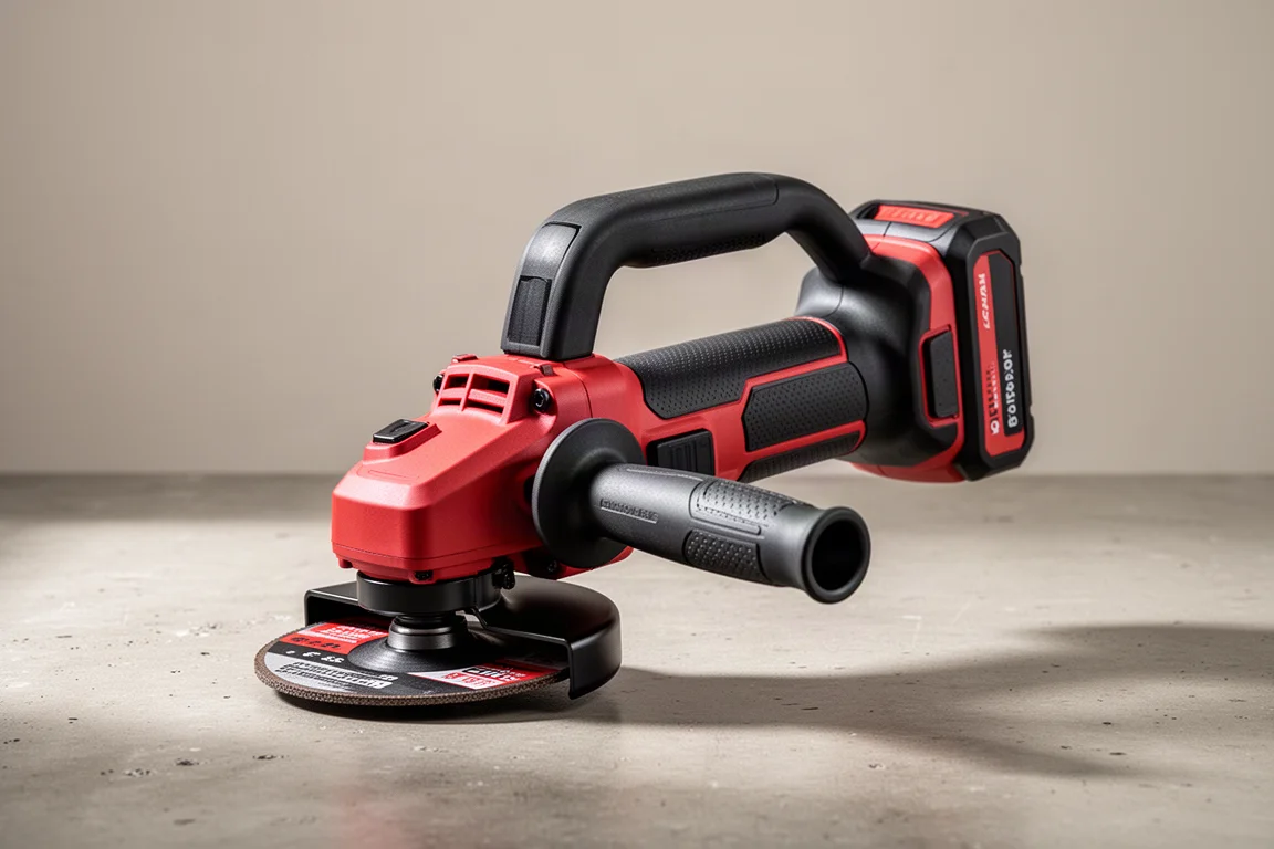 Craftsman RP cordless angle grinder standing on a concrete workshop surface
