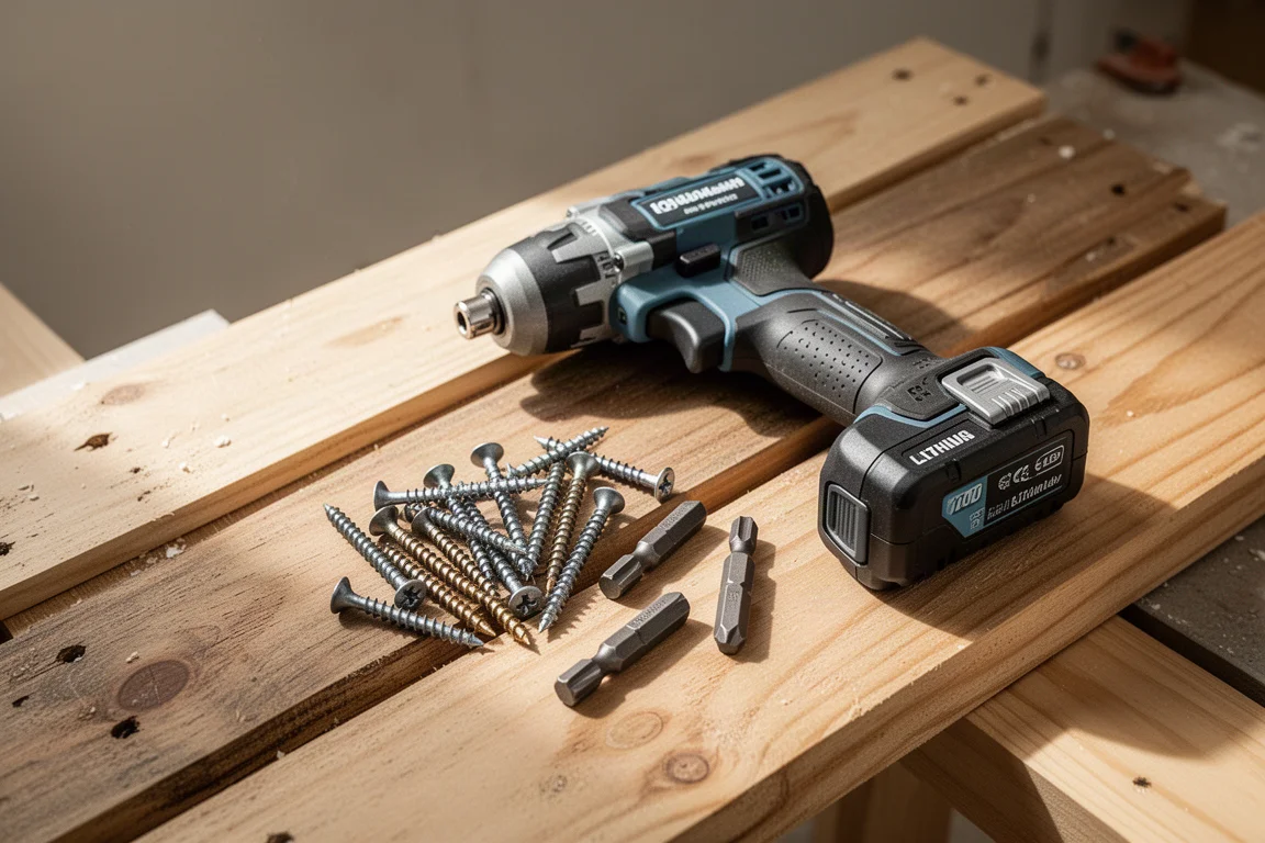 Cordless impact driver resting on a workbench beside a battery pack and loose screws