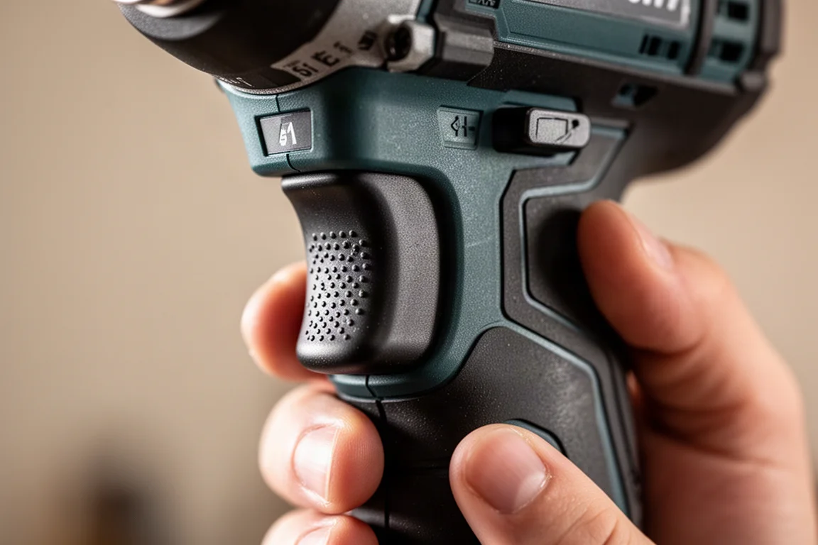 Close-up of a hand lightly squeezing the variable speed trigger of a cordless impact driver