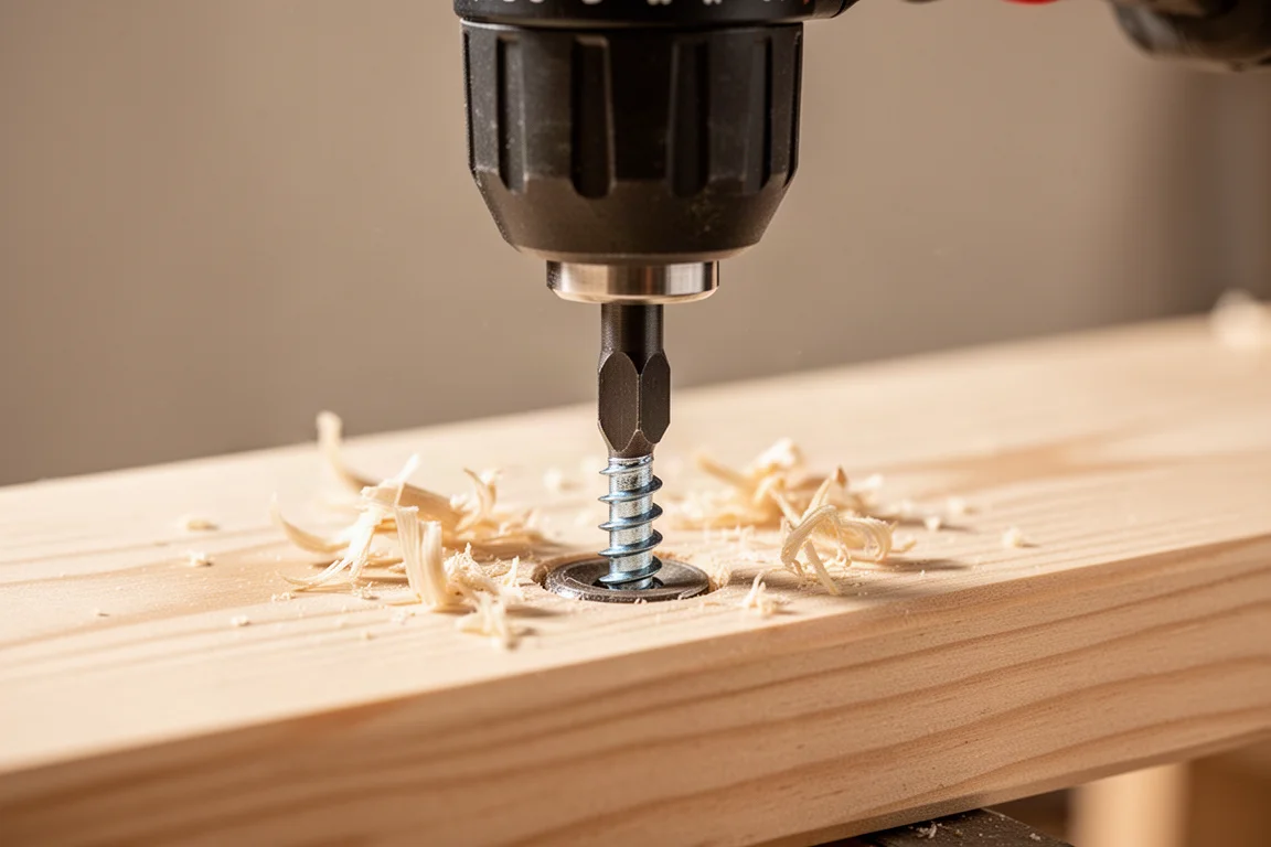 Impact driver driving a screw flush into a wooden board