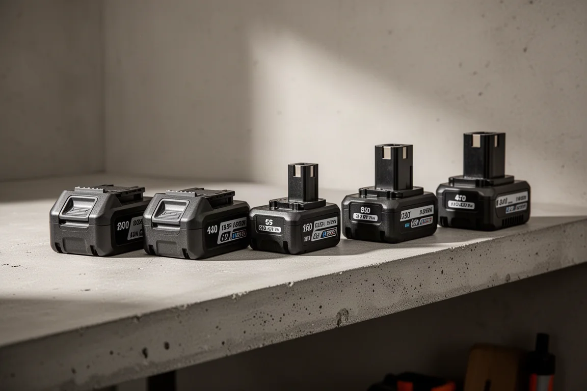 Row of cordless power tool batteries of different capacities on a workshop shelf