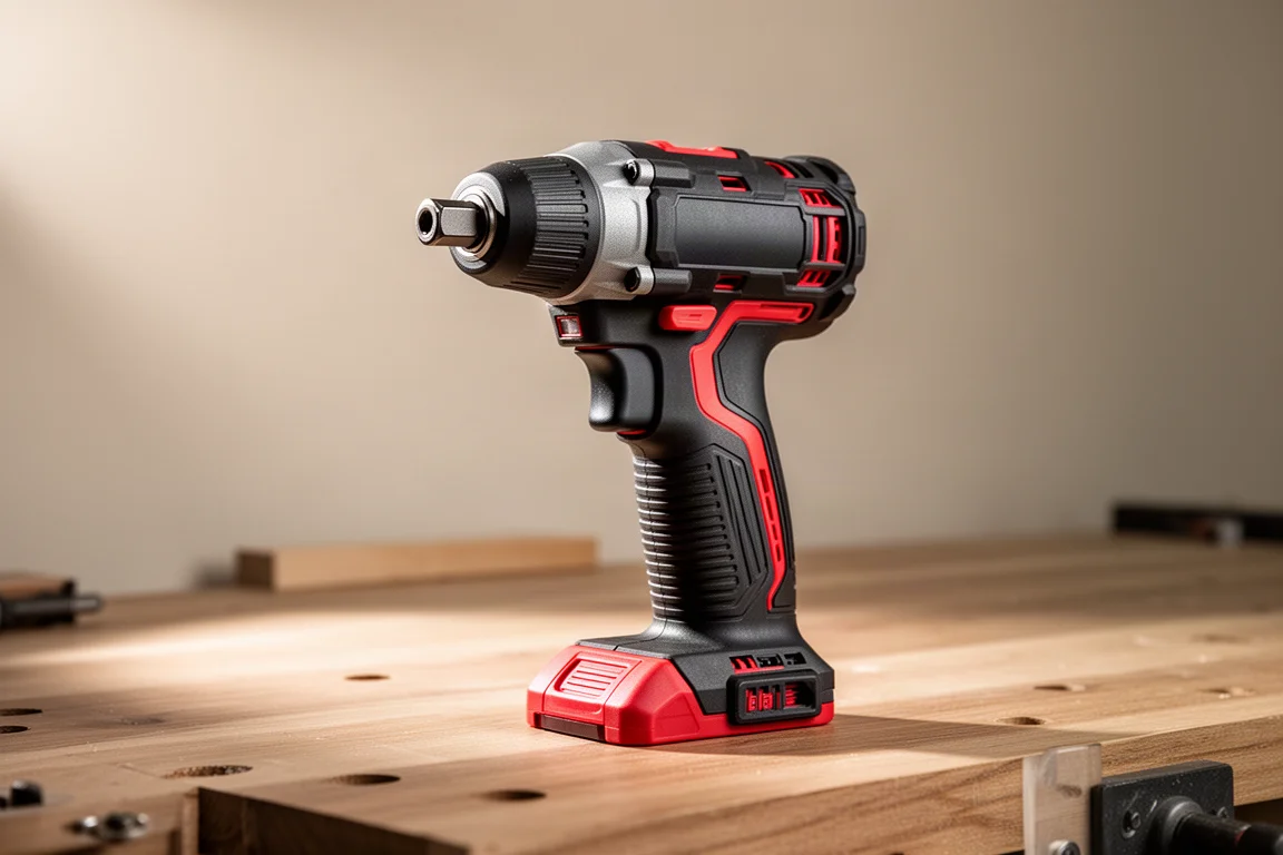 Compact cordless impact driver standing on a brushed wood workbench