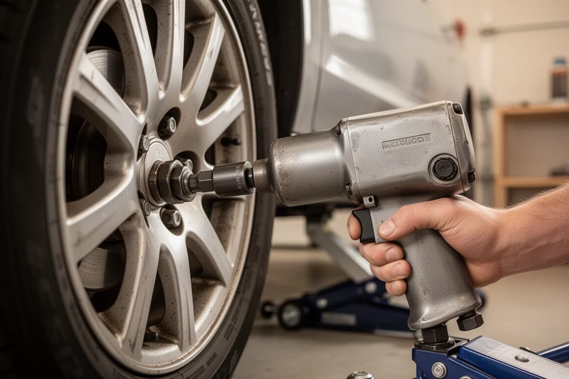 Avvitatore ad impulsi che rimuove un dado da una ruota di un'automobile