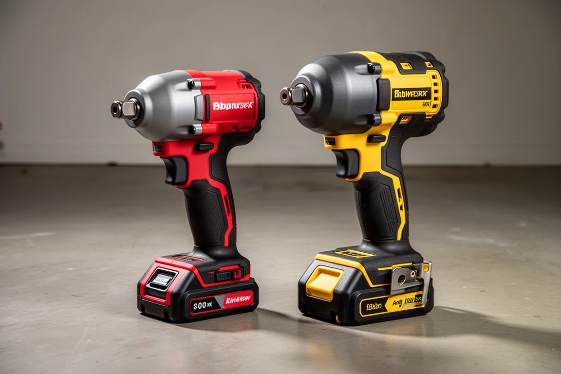 Two cordless half-inch impact wrenches side by side on a concrete floor
