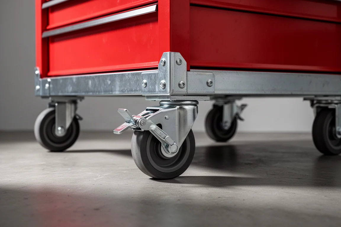 Mobiletti porta utensili rosso su ruote con freni, su un pavimento di cemento in officina