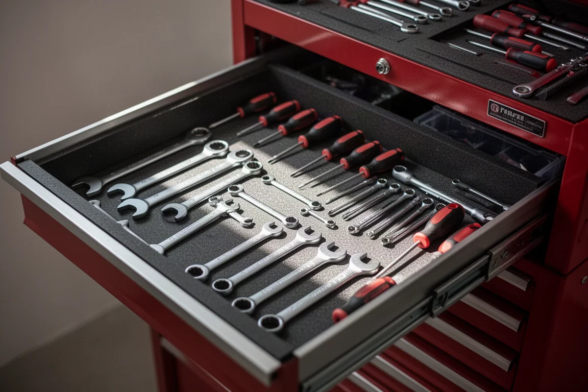 Cassetti aperti di una cassapanca con rivestimenti pre-cut e utensili manuali