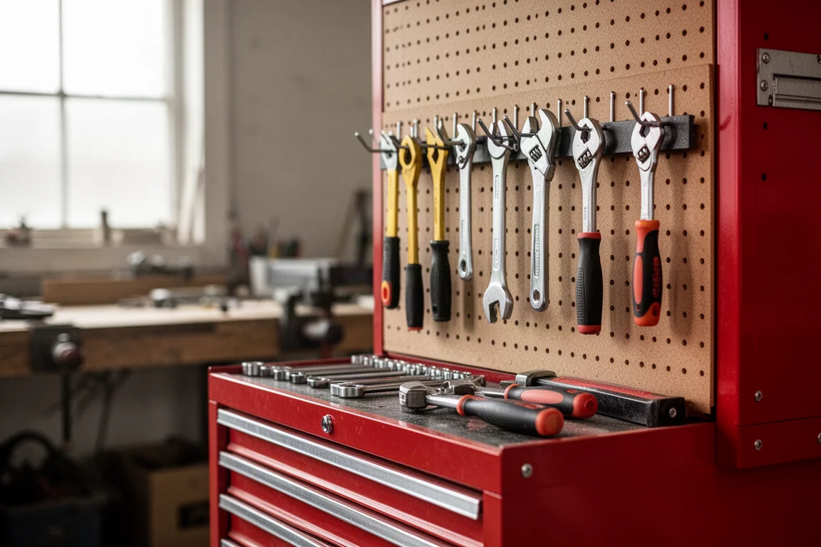 Pannello pegboard sul fianco di un mobiletto porta utensili con attrezzi appesi ai ganci