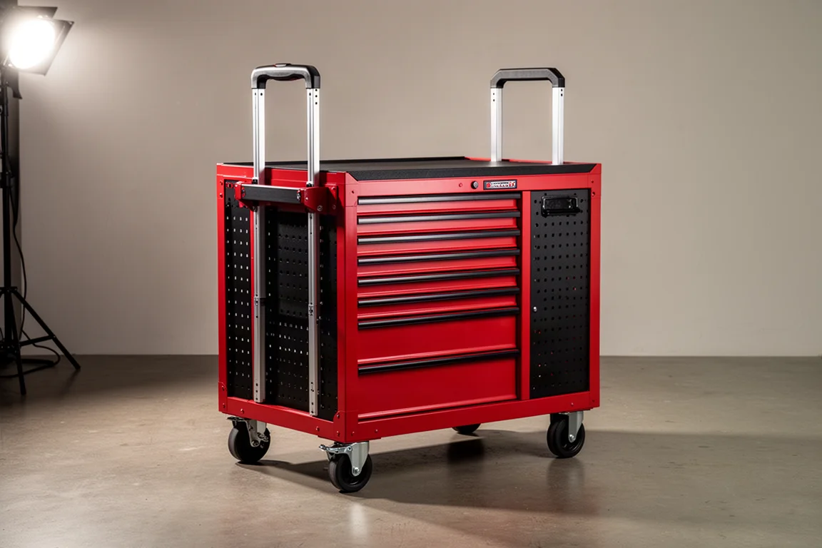 Red rolling tool chest combination with pegboard panels on a concrete workshop floor