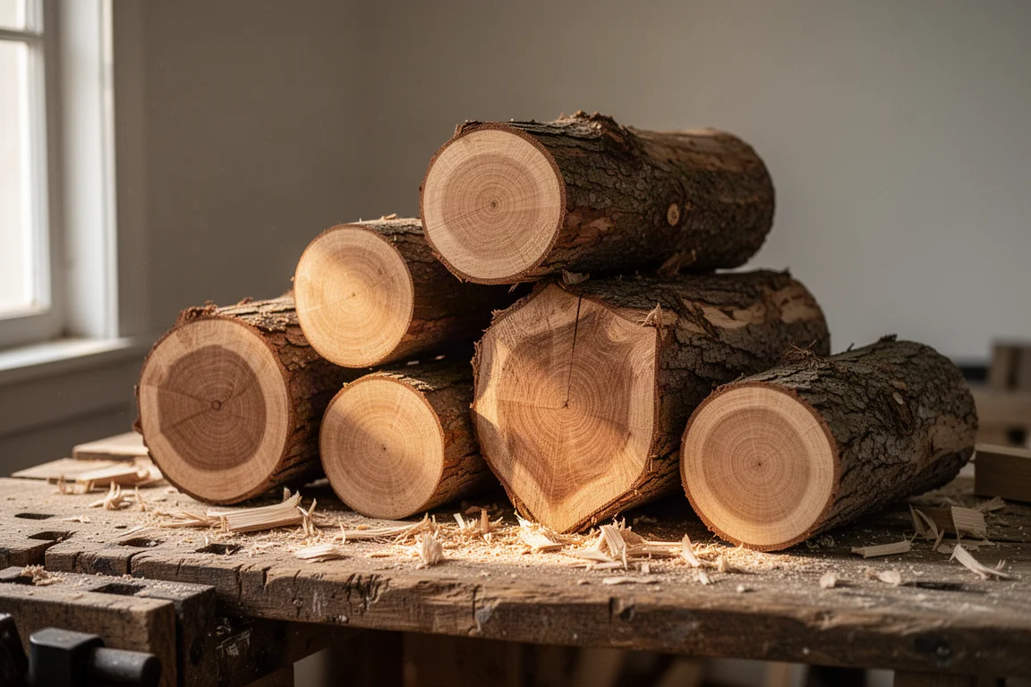 Freshly cut hardwood logs stacked on a workbench with sawdust scattered across the surface