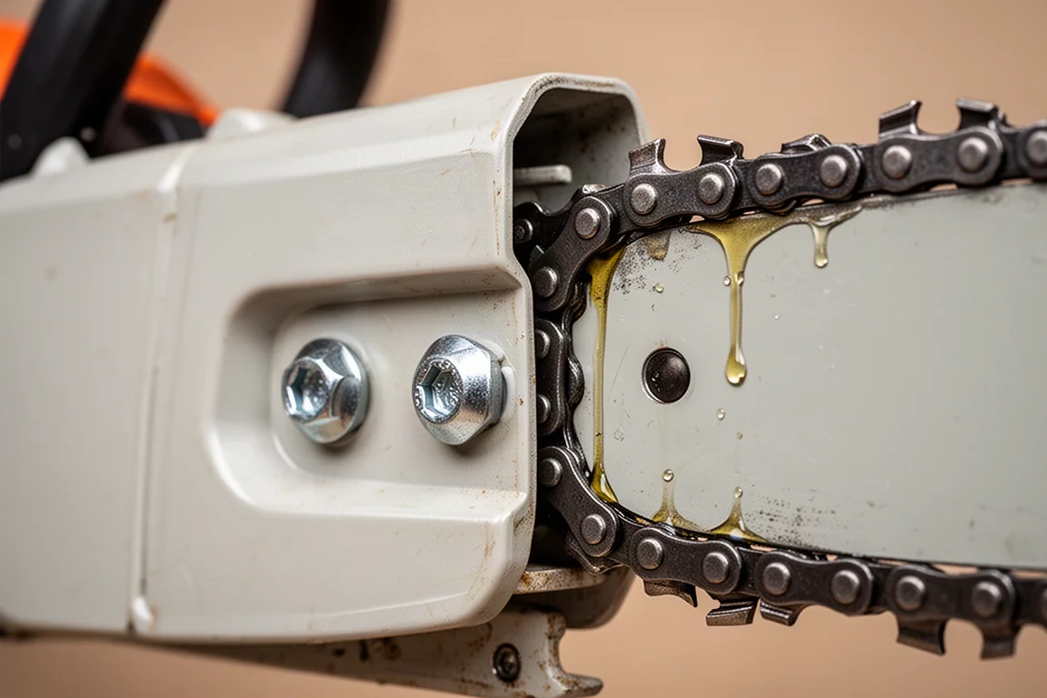 Close-up of a chainsaw chain tensioning area showing the guide bar mounting bolts