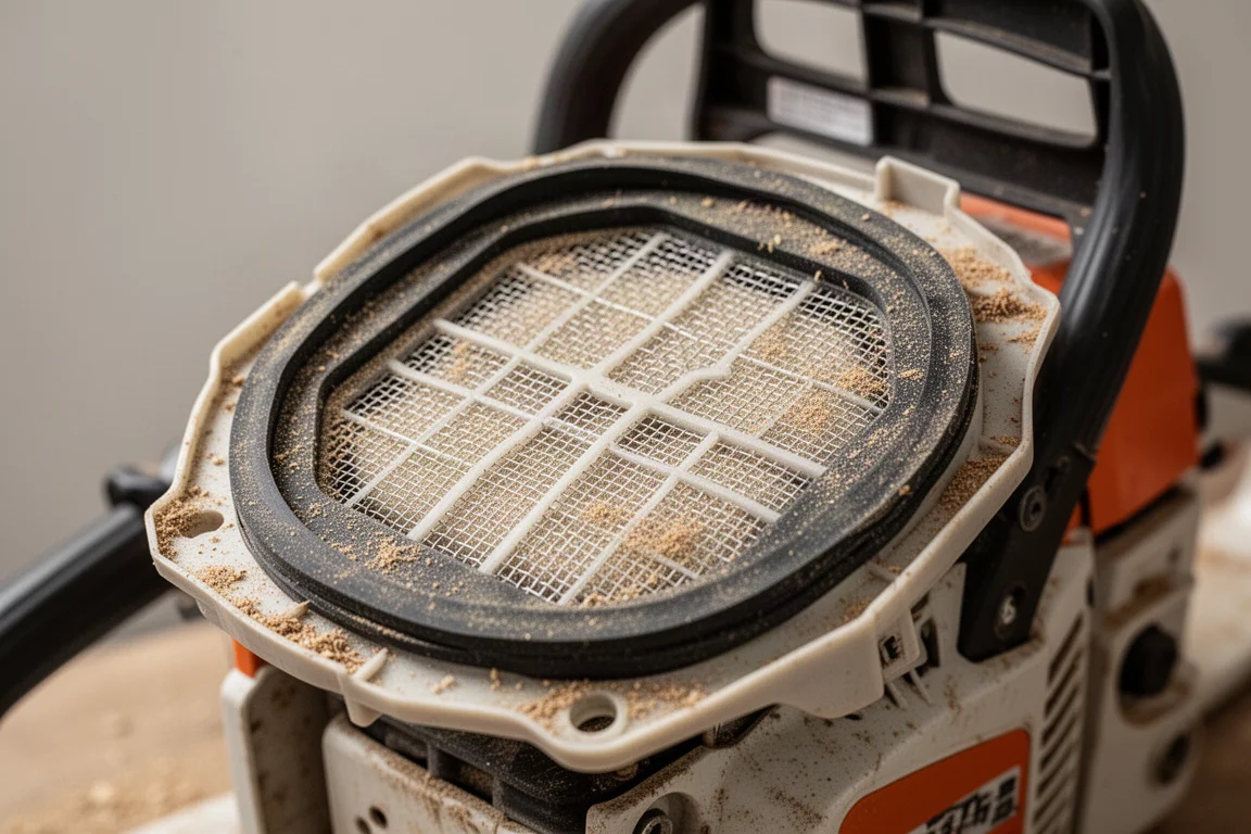 Chainsaw air filter cover removed to reveal dirty intake screens